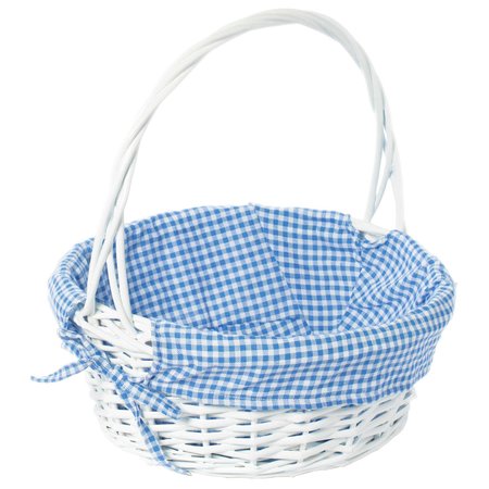 VINTIQUEWISE White Round Willow Gift Basket, with Blue and White Gingham Liner and Handles, Medium QI004550BL.M